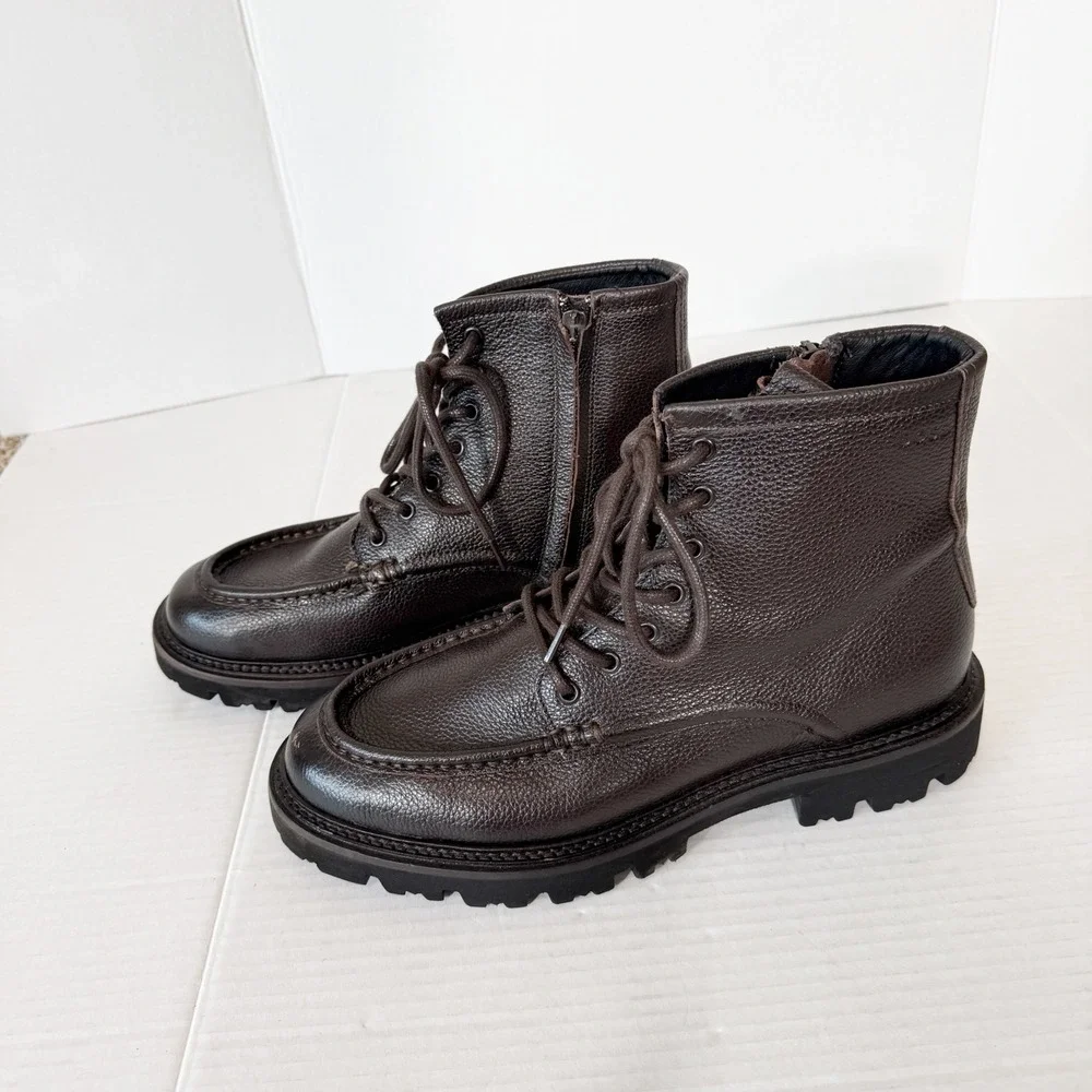 BOSS Julyo Halb Mens Hammered Brown Leather Lug Sole Ankle Boots Size 41 US 8